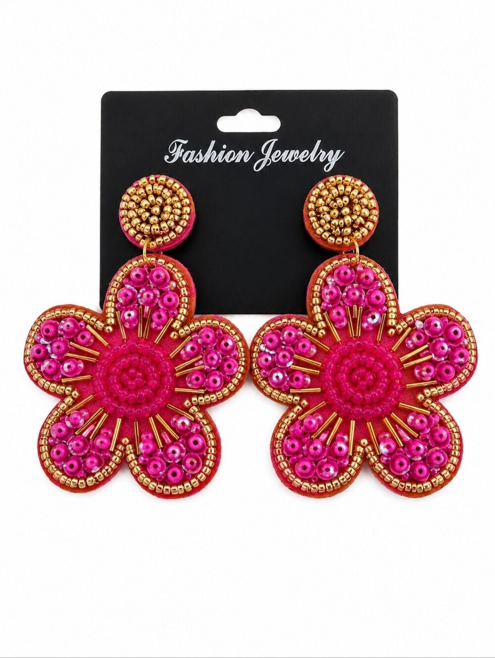 Large Hot Pink Felt Beaded Tropical Flower Dangle Earrings